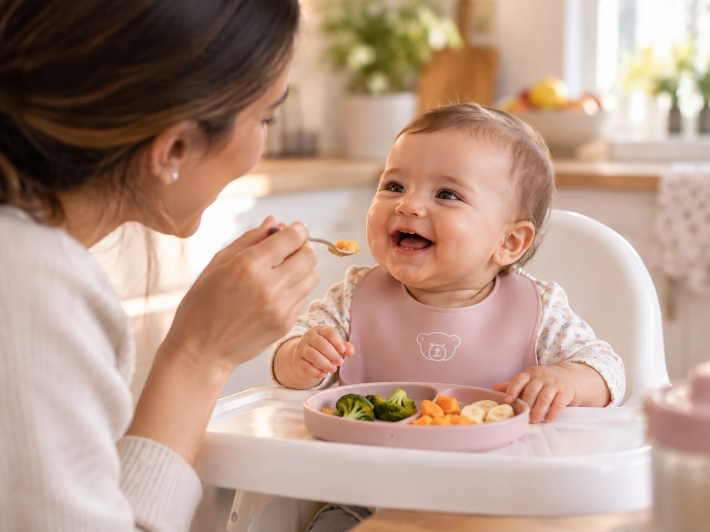 Bebê sorridente sendo alimentado pela mãe