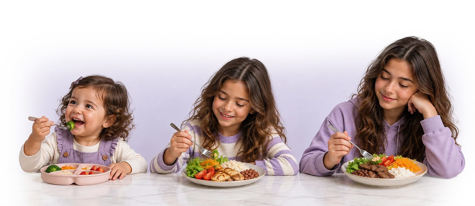 Três crianças de idades diferentes sorrindo e se alimentando à mesa